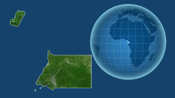 Equatorial Guinea. Globe with the shape of the country against zoomed map with its outline isolated on the blue background. satellite imagery