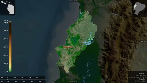 Manabí Provincia Ecuador Datos Sombreado Colores Con Lagos Ríos Forma — Foto de Stock