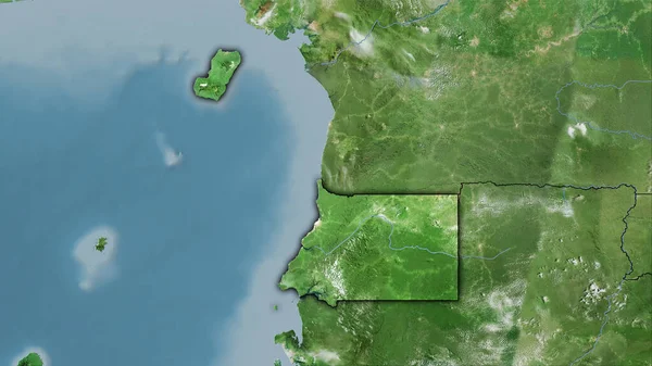 卫星D地图上立体投影中的赤道几内亚地区 带有暗发光轮廓的栅格层的原始组成 — 图库照片