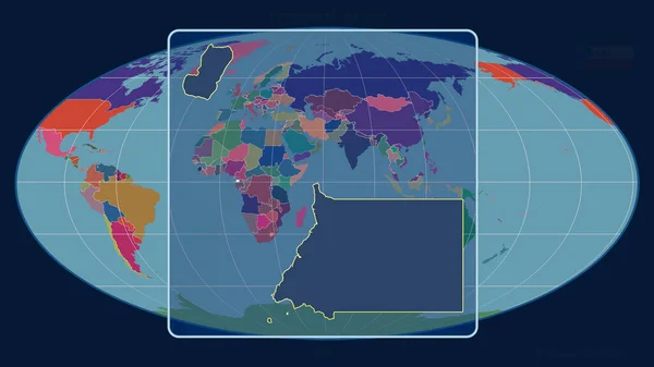 以Mollweide投影中的全球地图为参照 用透视线放大赤道几内亚的轮廓 形体中心 行政区划的彩色地图 — 图库照片