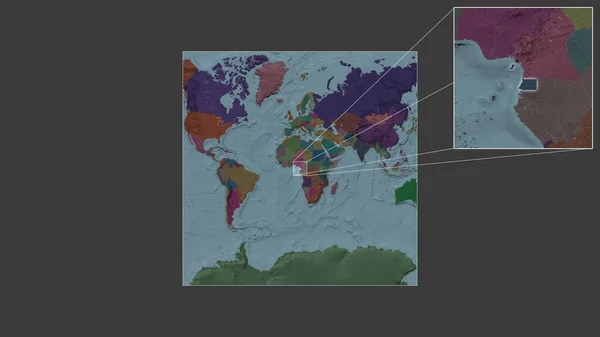 从世界大比例尺地图中提取出的赤道几内亚扩大和扩大的地区 其主要线连接了框架的各个角落 行政区划的彩色地图 — 图库照片