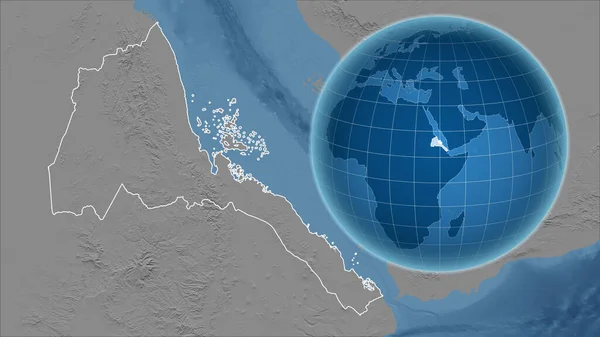 Eritrea. Globe with the shape of the country against zoomed map with its outline. grayscale elevation map