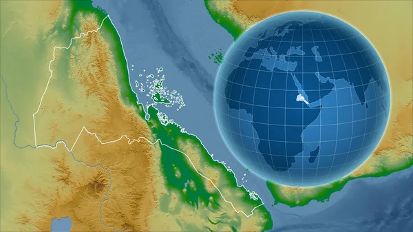 エリトリア アウトラインを持つ拡大地図に対して国の形を持つグローブ 色物理図 — ストック写真