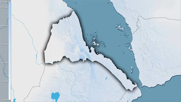 凡例付きの立体投影のエリトリアエリア内の乾燥した四半期の降水量 暗い輝く輪郭を持つラスター層の生の組成 — ストック写真