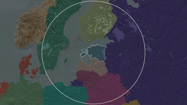爱沙尼亚扩大的地区在其邻近地区的背景上被一个圆圈所环绕 行政区划的彩色地图 — 图库照片