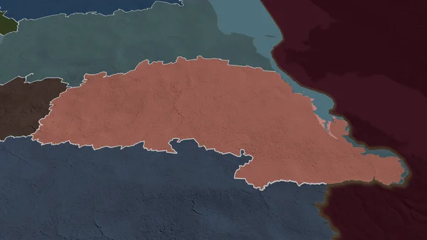 Polva - county of Estonia zoomed and highlighted. Colored and bumped map of the administrative division. 3D rendering