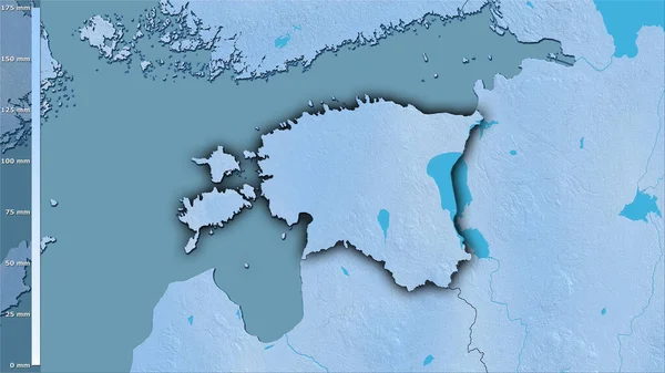 爱沙尼亚地区内最寒冷的地区在立体投影中的降水量 深色发光轮廓的栅格层的原始成分 — 图库照片