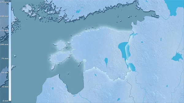 爱沙尼亚地区内最寒冷的地区在立体投影中的降水量 明亮轮廓的光栅层的原始成分 — 图库照片