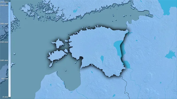 爱沙尼亚地区内立体图投影中最温暖的四分之一的降水量 深色发光轮廓光栅层的原始成分 — 图库照片