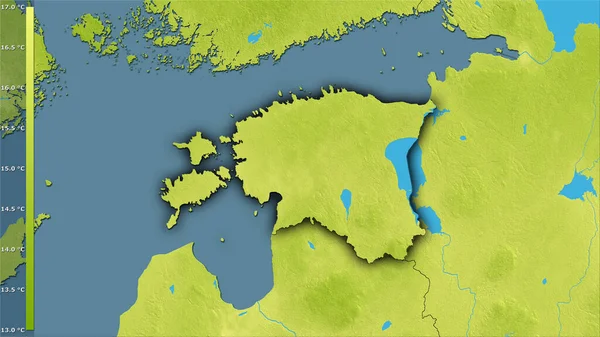 爱沙尼亚地区内带有图例的立体投影中最暖四分之一的平均温度 深色发光轮廓光栅层的原始成分 — 图库照片