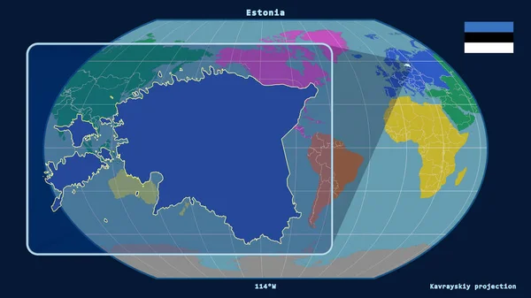 Увеличенный Вид Эстонии Перспективными Линиями Против Глобальной Карты Каврайской Проекции — стоковое фото