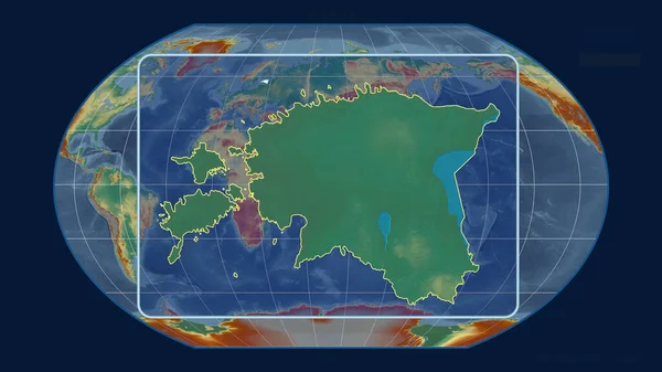 用透视线与Kavrayskiy投影中的全球地图对齐 放大了爱沙尼亚的轮廓 形体中心 地形起伏图 — 图库照片