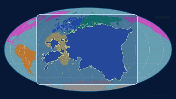 在Mollweide投影中 用透视线与全球地图对齐 将爱沙尼亚的轮廓放大 形体中心 各大洲的彩色地图 — 图库照片