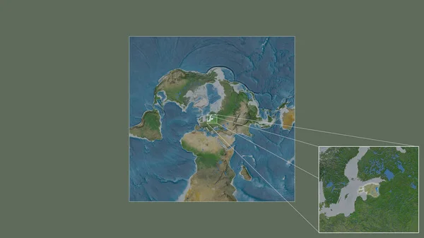 从世界大比例尺地图中提取出的爱沙尼亚扩大和扩大的地区 其主要线连接了框架的各个角落 卫星图像 — 图库照片