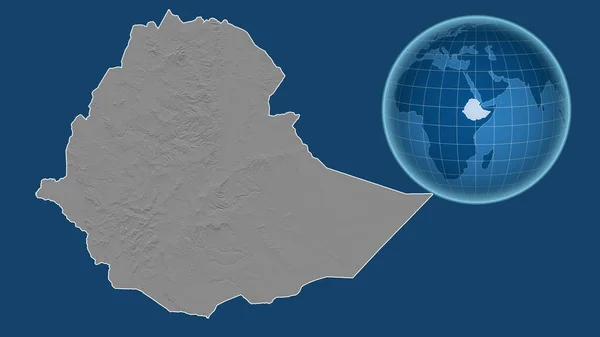 Etiópia Globe Ország Alakja Ellen Zoomolt Térkép Vázlatát Elszigetelt Kék — Stock Fotó