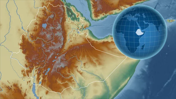 Etiópia Globo Com Forma País Contra Mapa Ampliado Com Seu — Fotografia de Stock