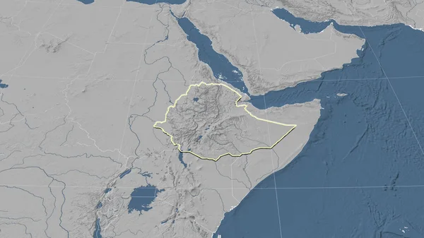 Ethiopia Its Neighborhood Distant Oblique Perspective Shape Outlined Grayscale Elevation — Stock Photo, Image