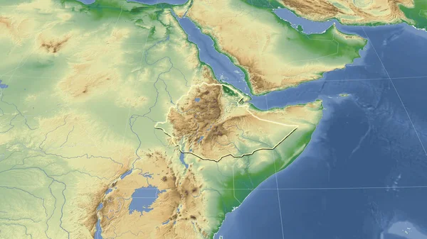 Etiópia Környéke Távoli Ferde Perspektíva Vázolt Forma Színes Fizikai Térkép — Stock Fotó