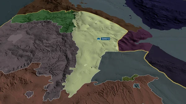 Afar - state of Ethiopia zoomed and highlighted with capital. Colored and bumped map of the administrative division. 3D rendering