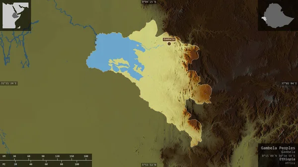 甘贝拉人民 埃塞俄比亚国 五彩斑斓的湖泊和河流 以信息覆盖的形式呈现在其国家区域上 3D渲染 — 图库照片