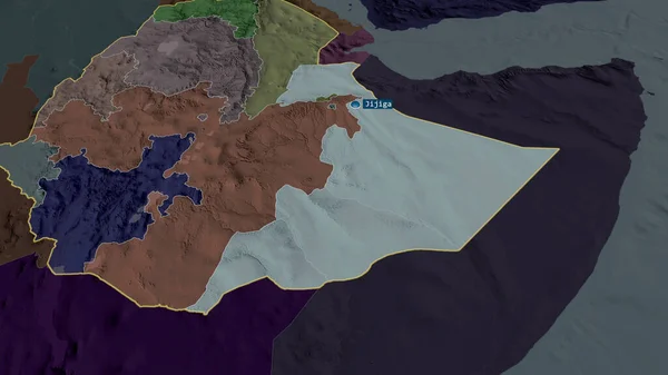 ソマリア エチオピアの状態が拡大し 首都で強調表示されました 行政区画の色と衝突した地図 3Dレンダリング — ストック写真