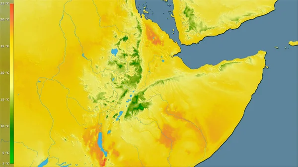 埃塞俄比亚地区内带有图例的立体投影中最冷的一个季度的平均温度 栅层的原始成分 — 图库照片