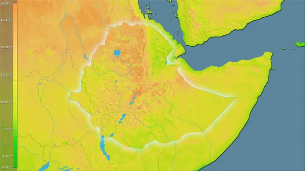 带有图例的立体投影中埃塞俄比亚地区白天平均气温变化 具有发光轮廓的栅格层的原始成分 — 图库照片