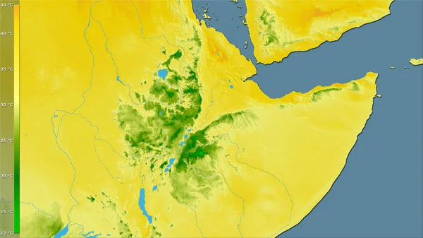 埃塞俄比亚地区内带有图例的立体投影中最温暖月份的最高温度 栅格层的原始成分 — 图库照片