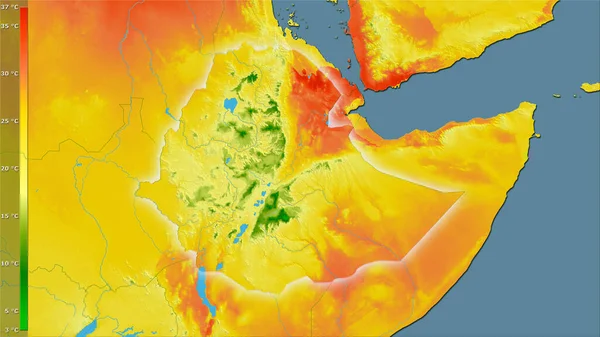 埃塞俄比亚地区内带有图例的立体投影中最暖四分之一的平均温度 具有发光轮廓的栅格层的原始成分 — 图库照片