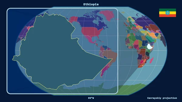 Втілена Погляду Ефіопії Лінія Перспективи Проти Глобальної Карти Каврайській Проекції — стокове фото