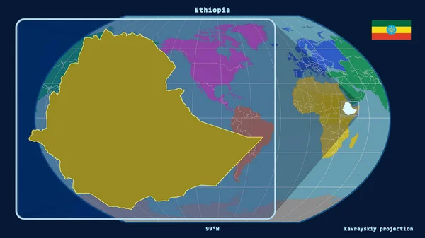 用透视线与Kavrayskiy投影中的全球地图对齐 放大了埃塞俄比亚的轮廓 在左边的形状 各大洲的彩色地图 — 图库照片
