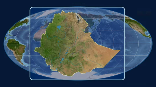 在Mollweide投影中 用透视线与全球地图对齐 放大了埃塞俄比亚的轮廓 形体中心 卫星图像 — 图库照片