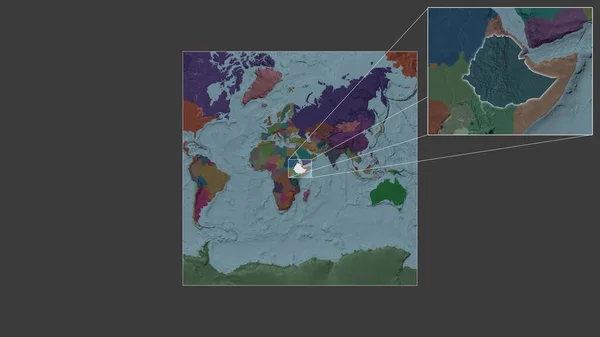 从世界大比例尺地图中提取出的埃塞俄比亚扩大和扩大的地区 其主要线连接了框架的各个角落 行政区划的彩色地图 — 图库照片