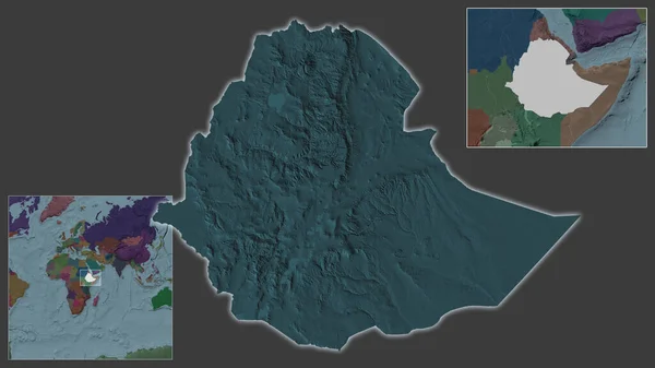 エチオピアのクローズアップとその地域と大規模な世界地図の中心部に位置しています 行政庁のカラーマップ — ストック写真