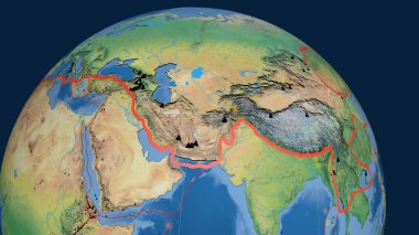 Avrasya 'nın tektonik plakası dünyaya çizilmiş. Doğal dünya topografik haritası. 3B görüntüleme