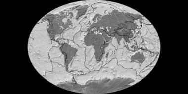 Fahey projeksiyonundaki dünya haritası 11 doğu boylamına odaklı. Çift seviyeli topografik harita - gratikül ve tektonik levhalar kenarlı raster bileşimi. 3B illüstrasyon