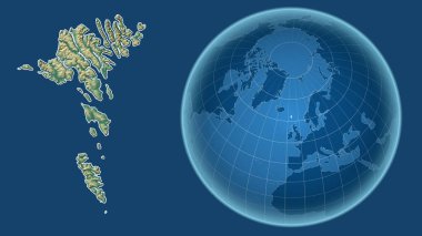 Faroe Adaları. Yakınlaştırılmış haritaya karşı ülkenin şekline sahip dünya mavi arka planda izole edilmiş. topografik yardım haritası