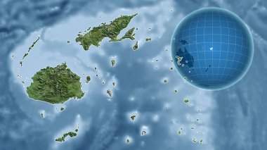 Fiji. Zoom haritasına karşı ülkenin şekline sahip bir dünya. uydu resimleri