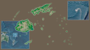 Fiji 'ye ve bölgedeki konumuna ve büyük ölçekli bir dünya haritasının merkezine yakın çekim. Renk fiziksel haritası