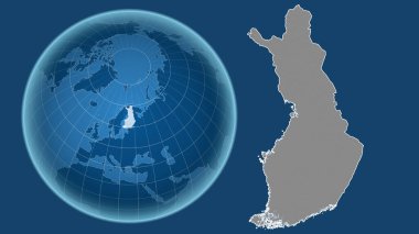 Finlandiya. Yakınlaştırılmış haritaya karşı ülkenin şekline sahip dünya mavi arka planda izole edilmiş. Gri tonlama yükseklik haritası
