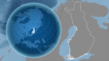 Finlandiya. Zoom haritasına karşı ülkenin şekline sahip bir dünya. Gri tonlama yükseklik haritası