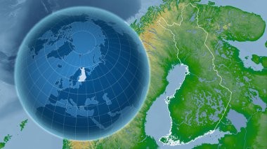 Finlandiya. Zoom haritasına karşı ülkenin şekline sahip bir dünya. renk fiziksel haritası