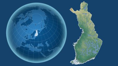 Finlandiya. Yakınlaştırılmış haritaya karşı ülkenin şekline sahip dünya mavi arka planda izole edilmiş. topografik yardım haritası