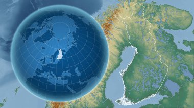 Finlandiya. Zoom haritasına karşı ülkenin şekline sahip bir dünya. topografik yardım haritası