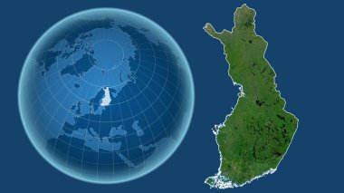 Finlandiya. Yakınlaştırılmış haritaya karşı ülkenin şekline sahip dünya mavi arka planda izole edilmiş. uydu resimleri