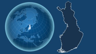 Finlandiya. Yakınlaştırılmış haritaya karşı ülkenin şekline sahip dünya mavi arka planda izole edilmiş. Sadece şekiller - kara / okyanus maskesi