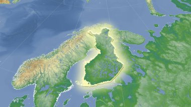 Finlandiya ve komşuları. Uzak eğimli perspektif - şekil parlıyordu. renk fiziksel haritası