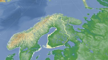 Finlandiya ve komşuları. Uzak eğimli perspektif - şekil çizilmiş. renk fiziksel haritası