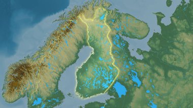Stereografik projeksiyonda Finlandiya 'nın topoğrafik yardım haritasında ışık yansıtan ana hatlara sahip raster tabakalarının ham bileşimi