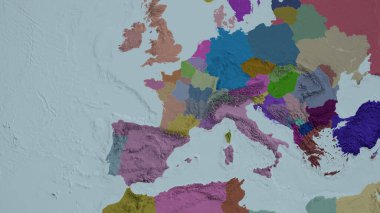 Fransa yakınlaştı ve yakınlaştı. İdari bölümün renkli ve çarpık haritası. 3B görüntüleme